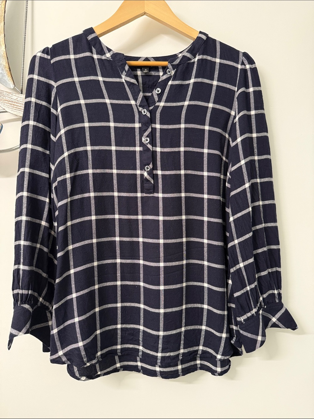 Navy and white plaid blouse